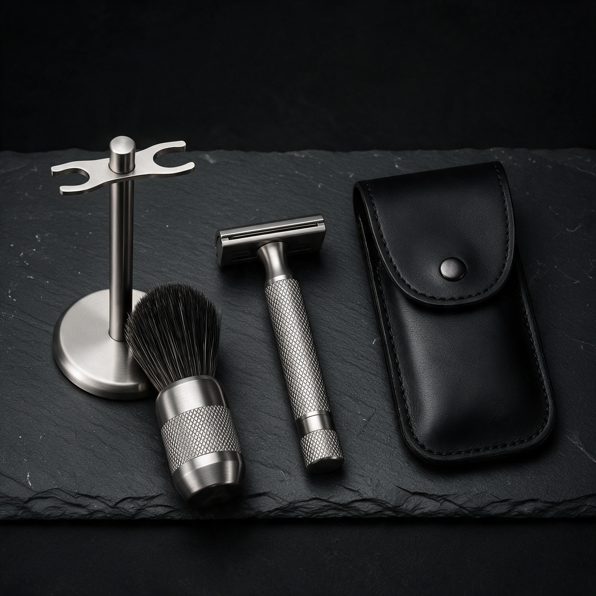 Kit Complet ACIER 30 : rasoir, socle, blaireau et étui